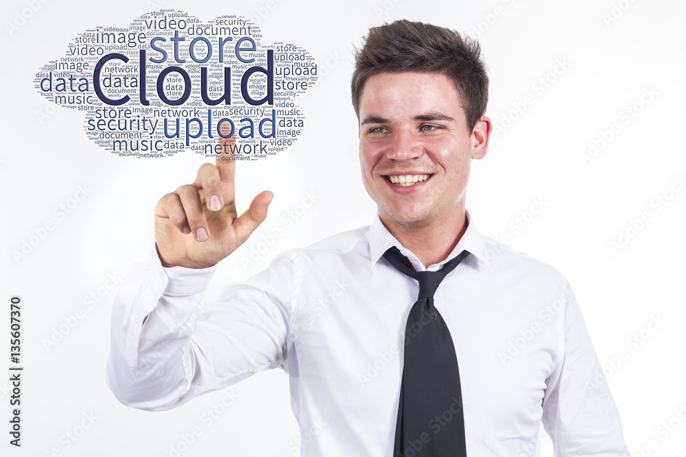 Virtual Cloud - Young businessman touching word cloud Virtual Cloud - Young businessman touching word cloud