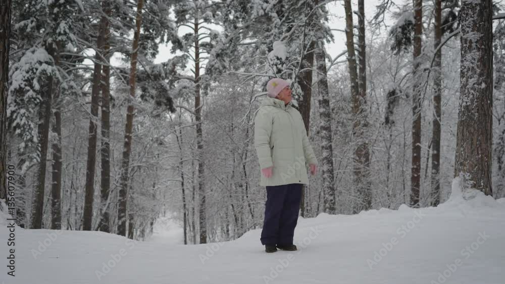 The adult woman in the winter wood. The pensioner enjoys the rest. The age in a ski suit admires beauty of the forest. Walk is very useful to health. The adult woman in the winter wood. The pensioner enjoys the rest. The age in a ski suit admires beauty of the forest. Walk is very useful to health.