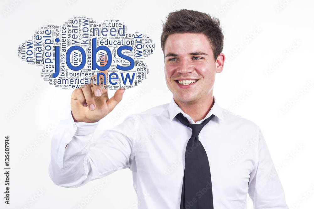 Jobs - Young businessman touching word cloud Jobs - Young businessman touching word cloud