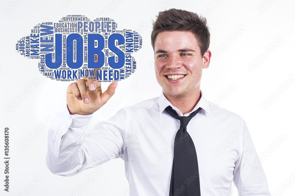 Jobs - Young businessman touching word cloud Jobs - Young businessman touching word cloud