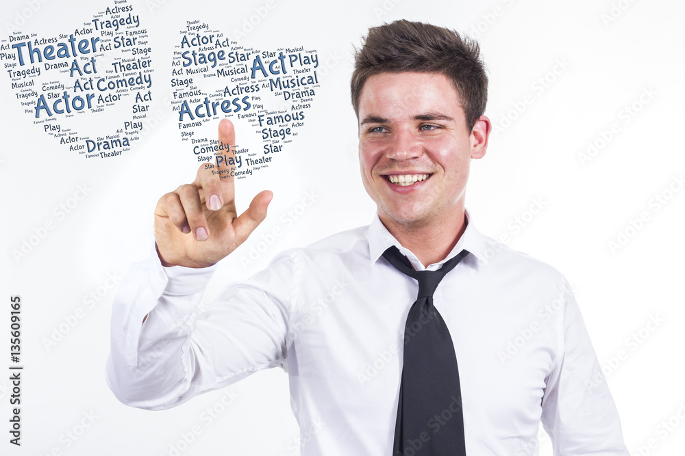 Two faces of theater - Young businessman touching word cloud Two faces of theater - Young businessman touching word cloud