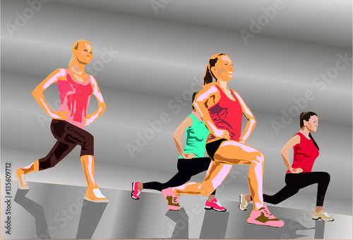 Four girls in fitness, sport, training, gym. Four girl exercising in the gym