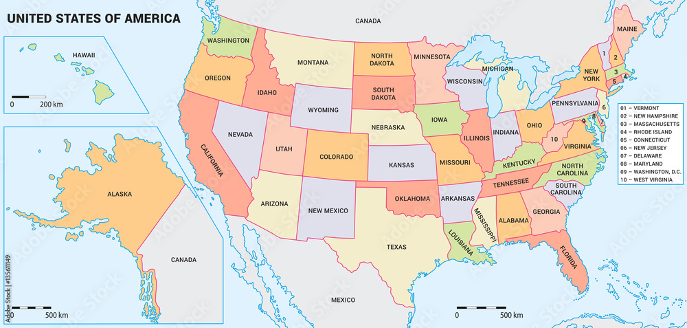 USA map with federal states including Alaska and Hawaii. United States vector map with map scale ready for your infographics. Easy editable modern US map with data in layers.