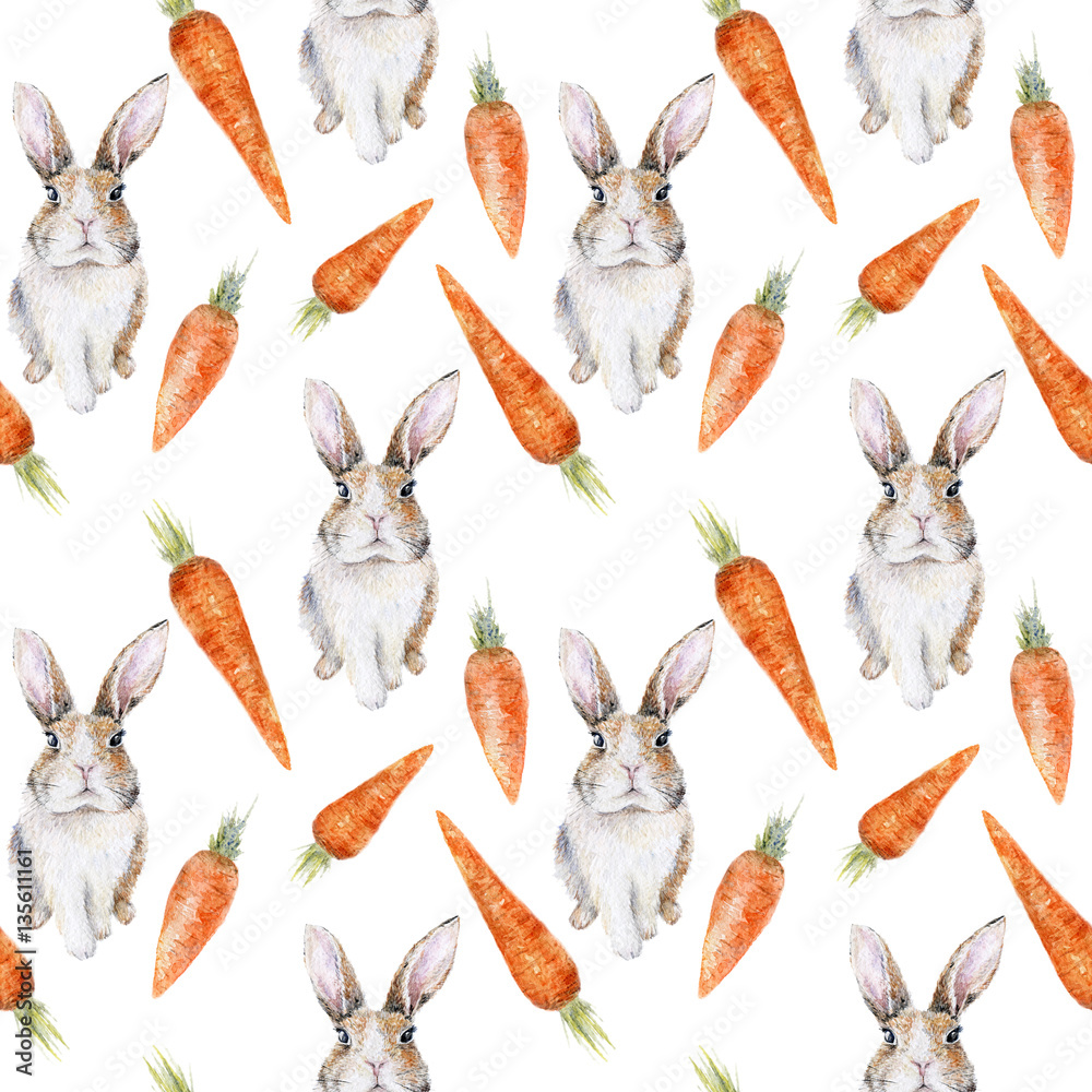 Watercolor seamless patter with cute rabbits and carrots isolated on ...