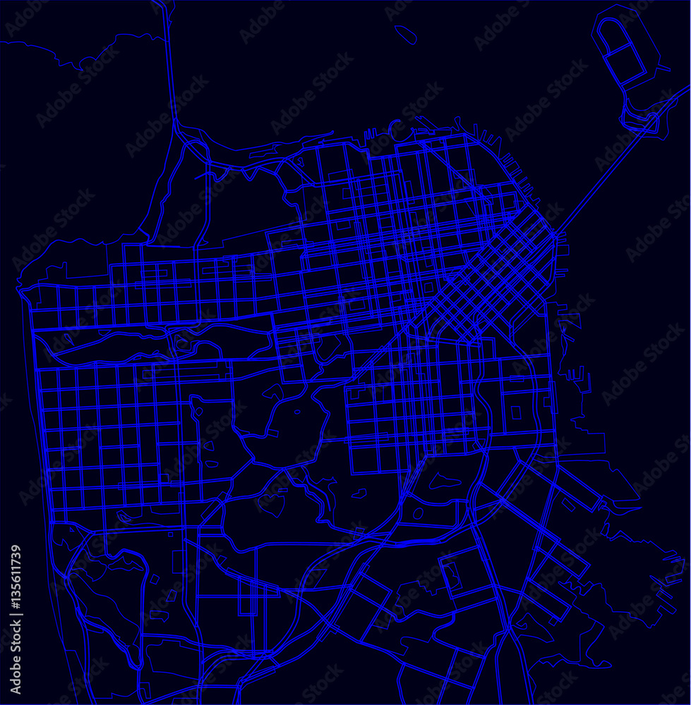 blue scheme of the San Francisco, USA. City Plan of San Francisco. Vector illustration