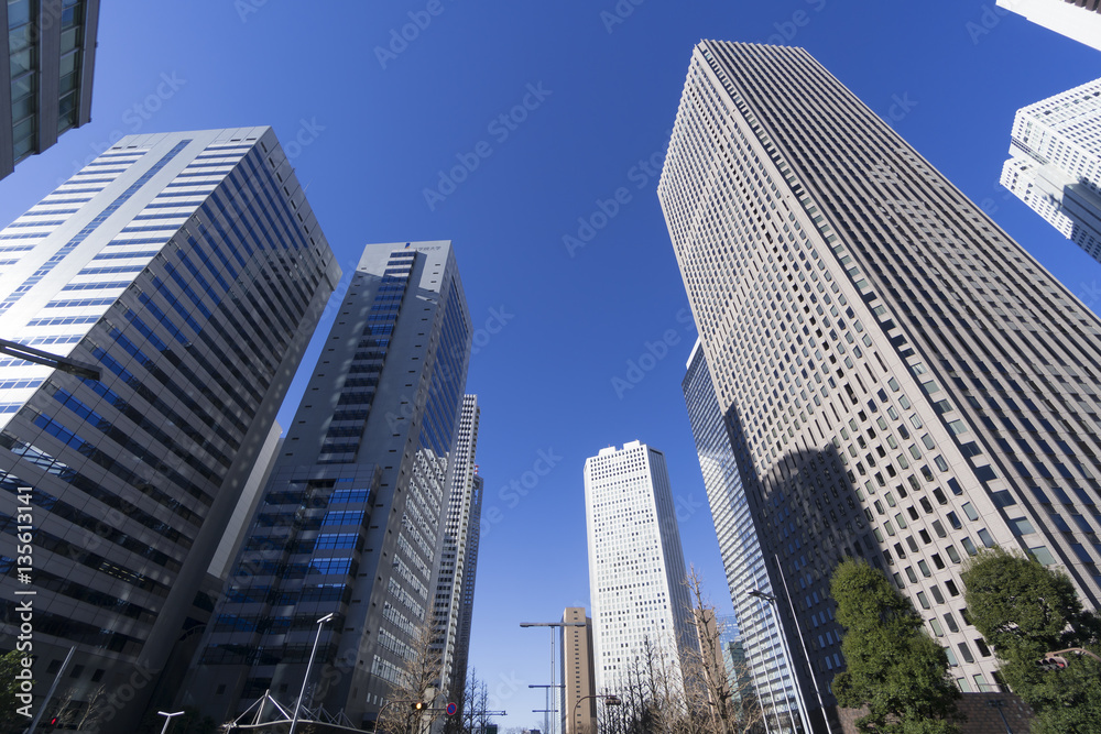 新宿高層ビル群　快晴　青空　見上げる　ローアングル　ビル群
