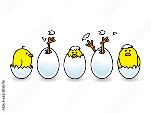 A line ofFive Easter Chicks Hatching from Eggs