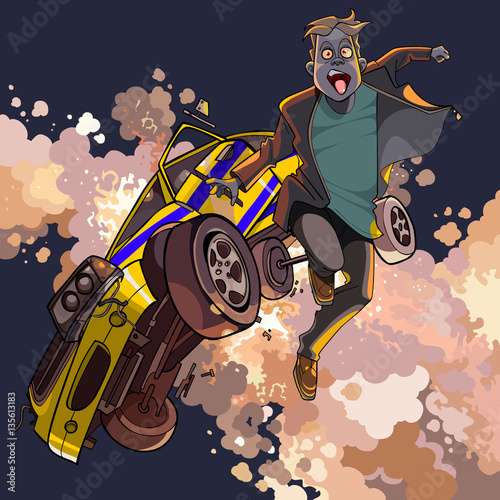 cartoon frightened man falls from collapsing in the air car