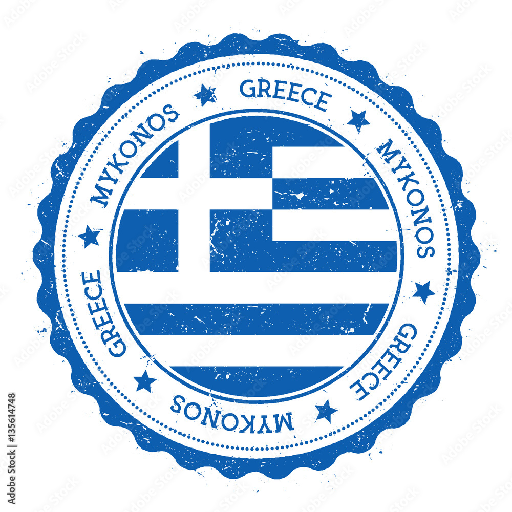 Fototapeta premium Mykonos flag badge. Vintage travel stamp with circular text, stars and island flag inside it. Vector illustration.
