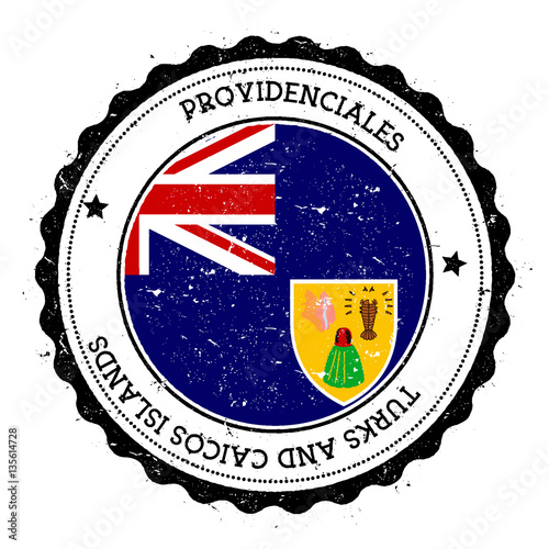 Providenciales flag badge. Vintage travel stamp with circular text, stars and island flag inside it. Vector illustration.