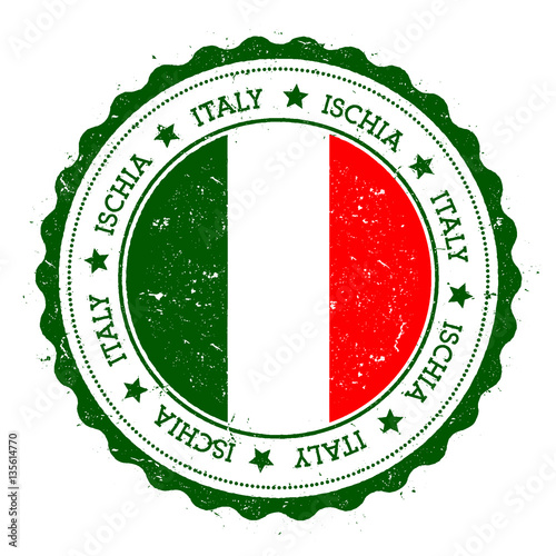 Ischia flag badge. Vintage travel stamp with circular text, stars and island flag inside it. Vector illustration.
