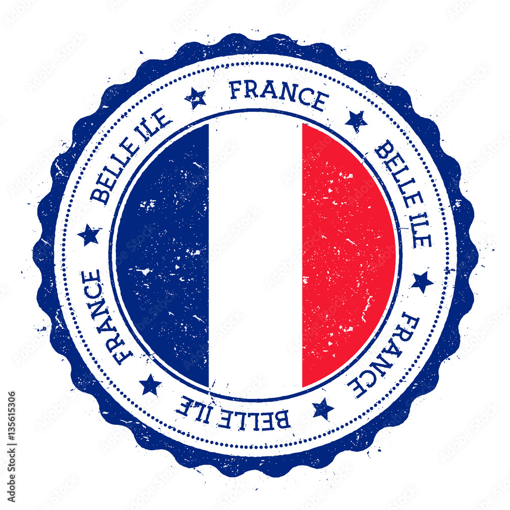 Naklejka premium Belle Ile flag badge. Vintage travel stamp with circular text, stars and island flag inside it. Vector illustration.
