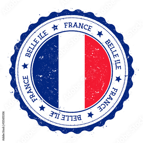 Belle Ile flag badge. Vintage travel stamp with circular text, stars and island flag inside it. Vector illustration.
