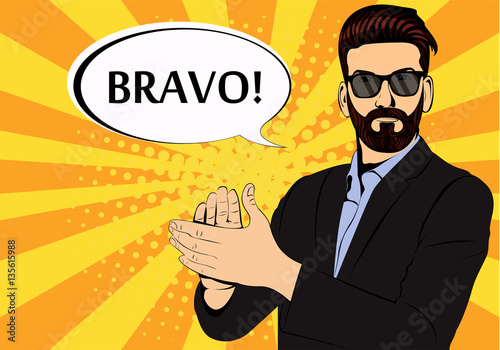 Hipster beard businessman applause bravo concept of success retro style pop art. Businessman in glasses in comic style. Success concept vector illustration. photo