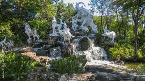 Sculptures and fountain of Buddhist mythology in Ancient Siam Park, Samut Prakan, Thailand