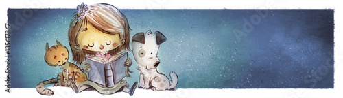 Obraz Dziewczyna czytająca z psem i kotem