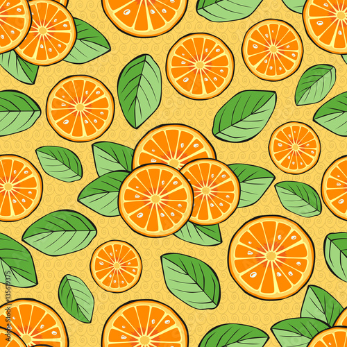 Citrus slices and leaves. Seamless pattern. Vector illustration.