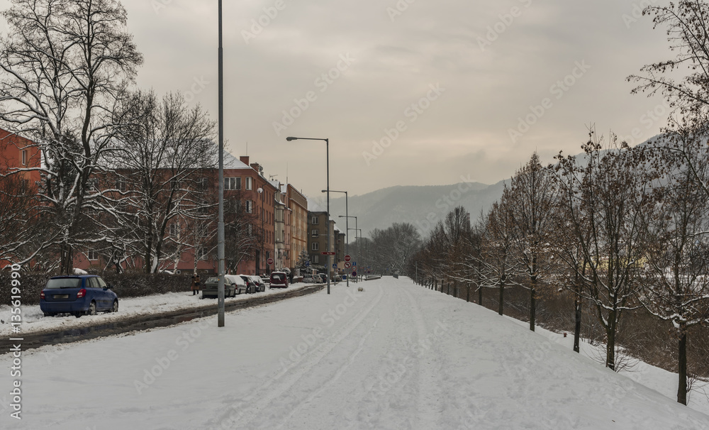Winter and snow in Usti nad Labem city