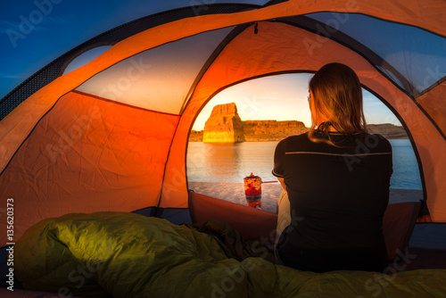 Cooking at Sunset Tent Camping Lone Rock Lake Powell photo