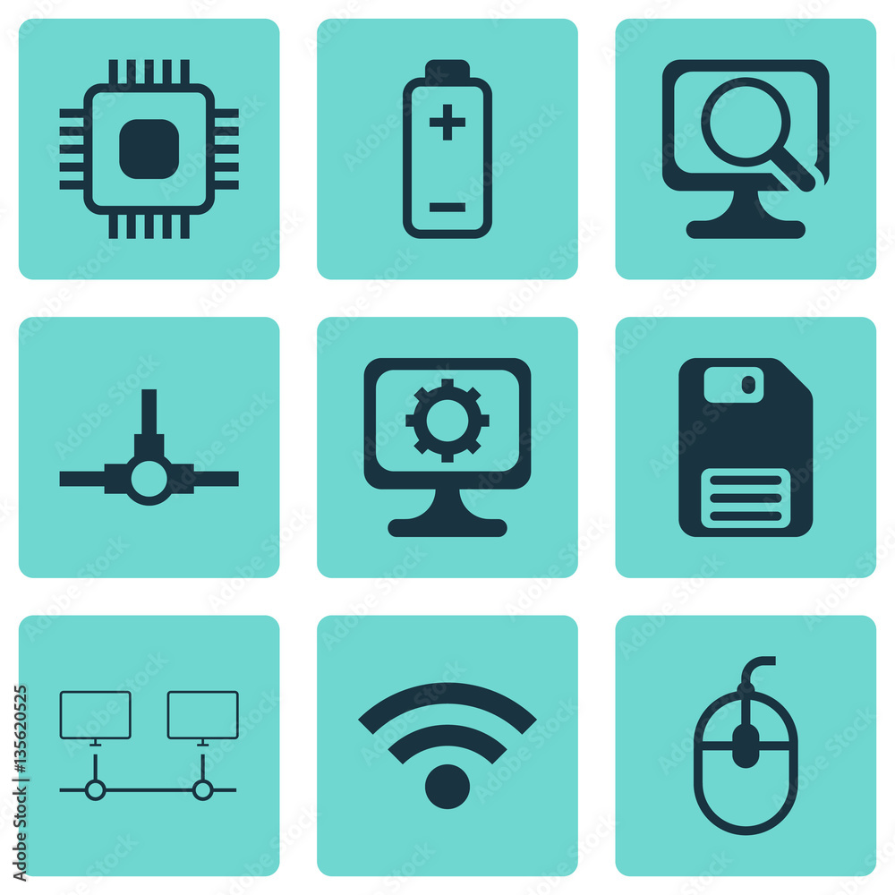 Vecteur Stock Set Of 9 Computer Hardware Icons. Includes Chip, Network ...