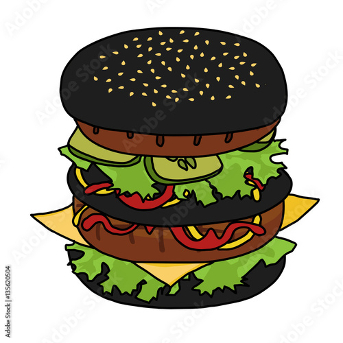 Vector illustration of  Japanese black burger. Hand drawn colored black hamburge