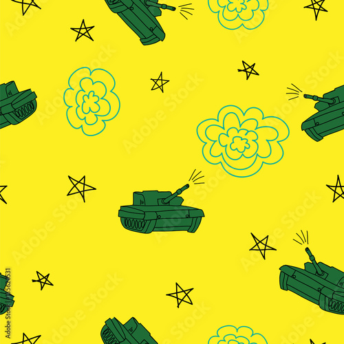 Yellow and green tank seamless  pattern. Defender of the Fatherland Day