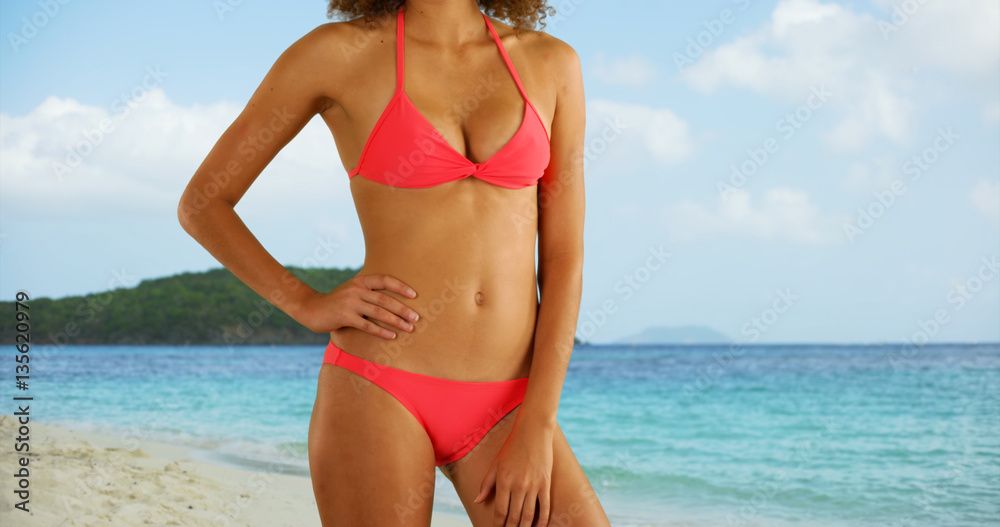 African woman in swimwear standing on tropical beach. African woman in swimwear standing on tropical beach.