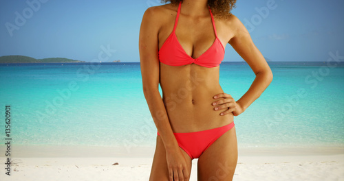 Portrait of black woman wearing bikini on a sunny Caribbean beach.