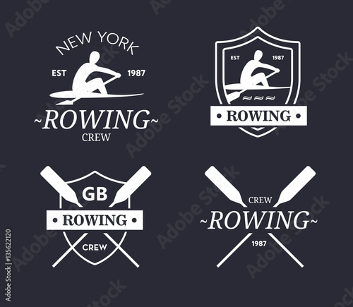 Rowing team logo. Vector emblem of rowing crew with paddles. Rower silhouette.