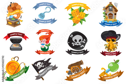 Set on a pirate theme icons. Logos with a banner for text with a picture of marine life and pirate goods. Stickers for design theme parties and children's products.