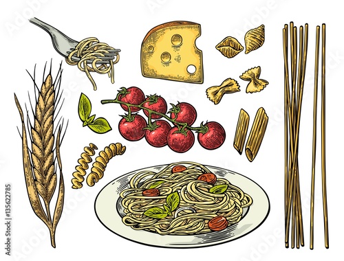 Set pasta with tomato branch, cheese, ear of wheat.