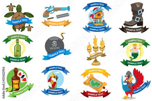 Set on a pirate theme icons. Logos with a banner for text with a picture of marine life and pirate goods. Stickers for design theme parties and children's products.