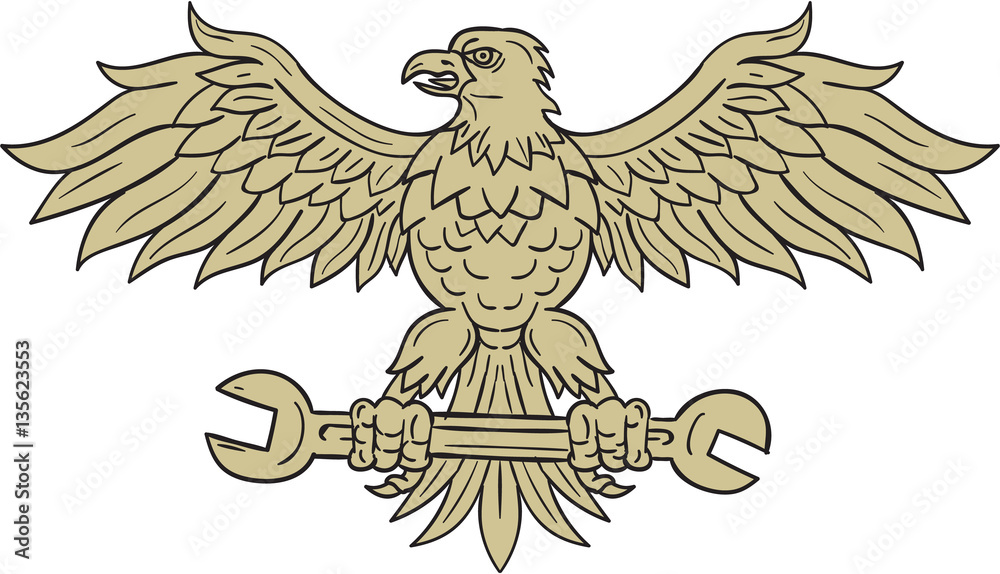 Naklejka premium American Eagle Clutching Spanner Drawing