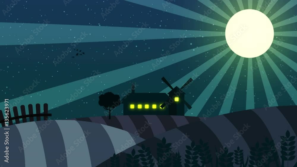 Nice cartoon animation of farm with windmill at night with a big moon Background seamless loop with copy space. wheat filed over moonburst. illustration of a beautiful night scene with wheat fields