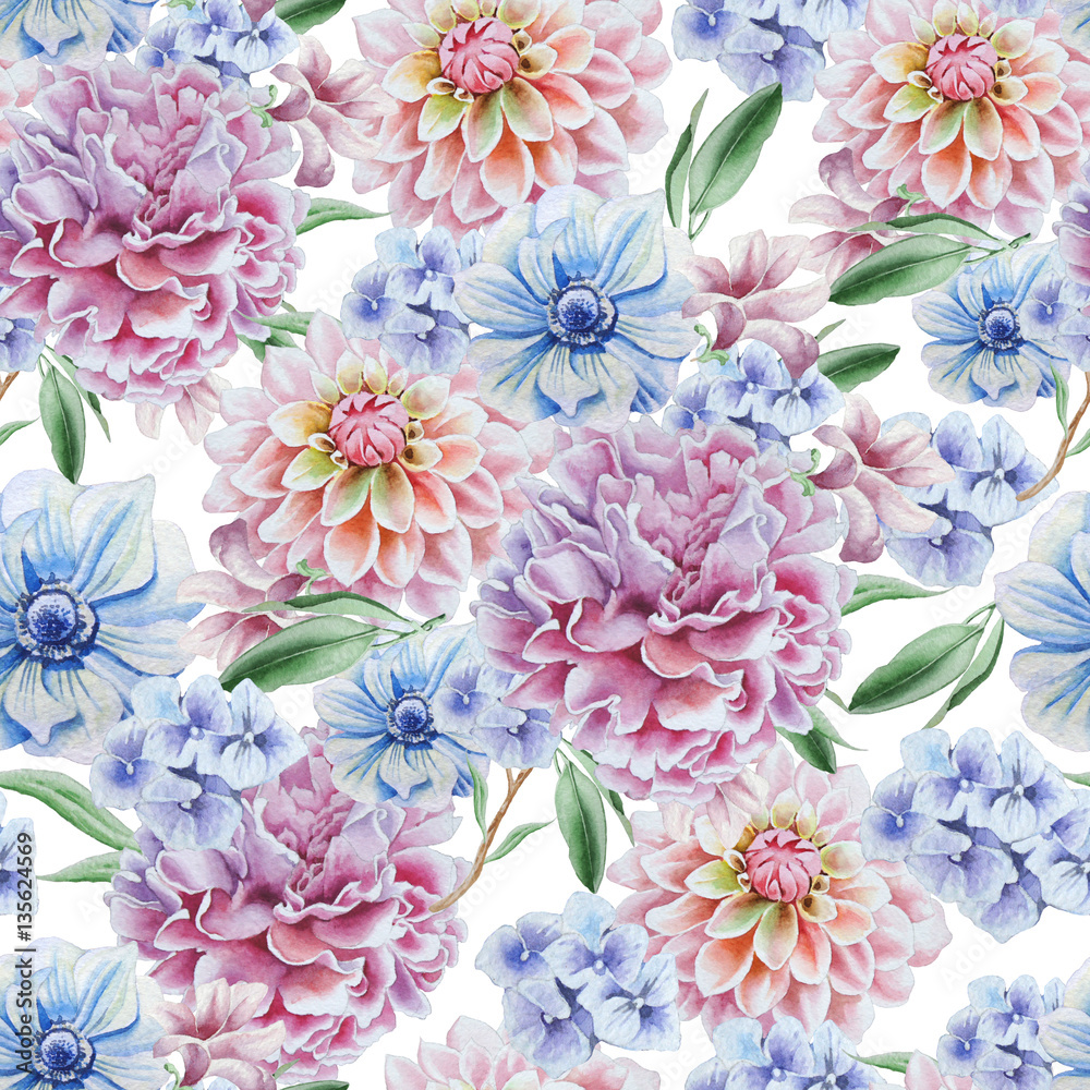 Seamless pattern with flowers. Dahlia. Anemone. Peony. Watercolor illustration.