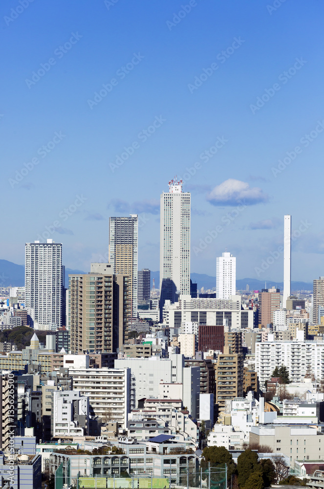 東京都市風景　池袋　高層ビル群　サンシャイン　快晴　青空　コピースペース