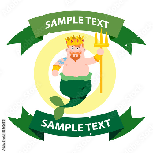 Neptune with ribbon banner. Cartoon character is king of the sea. Cartoon drawing for gaming mobile applications.