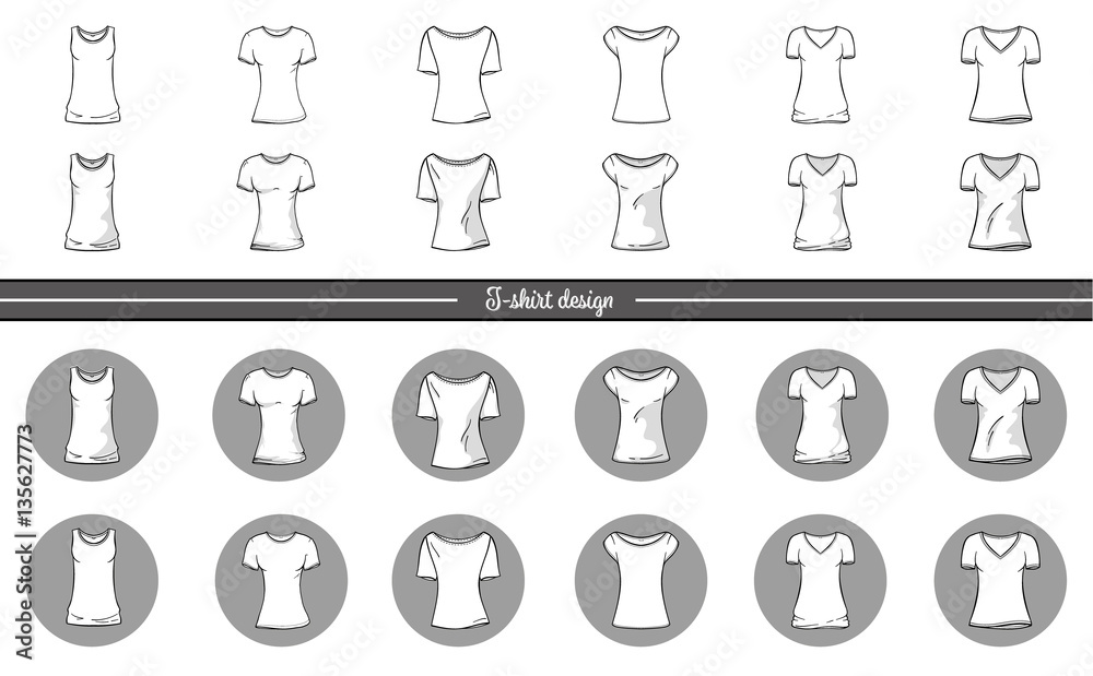 Vector illustration of line art style and realistic women's t-shirt without mesh. Front view. Set t-shirts mockup. Vector illustration of line art style and realistic women's t-shirt without mesh. Front view. Set t-shirts mockup.