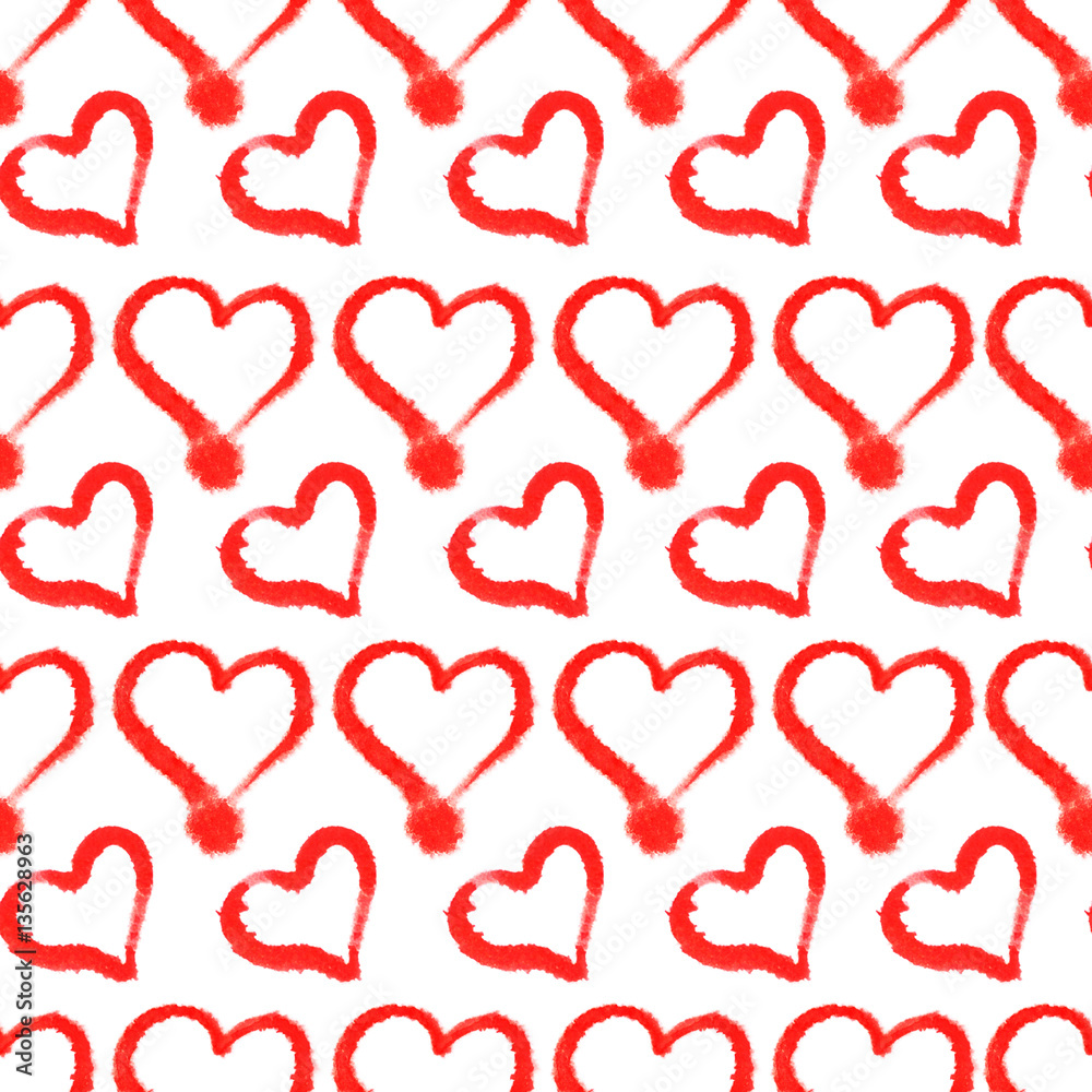 Seamless texture with red hearts in watercolor technique. Background for St. Valentine's day. Wrapping paper design, banner, invitation for wedding. Love concept pattern