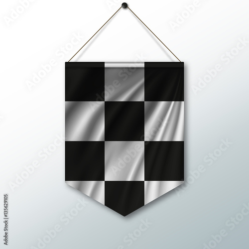 Checkered black and white flag racing. The symbol of the race on wavy silk fabric. Realistic vector illustration.