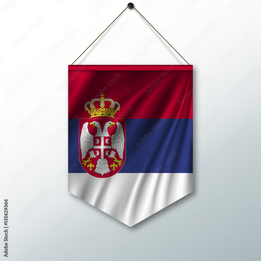 The national flag of Serbia. The symbol of the state in the pennant hanging on the rope. Realistic vector illustration.