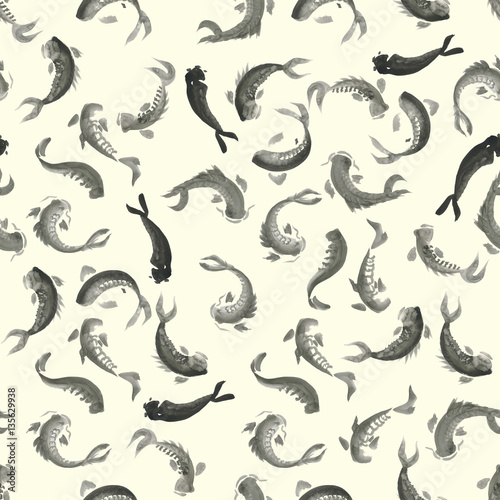 Seamless ink hand drawn pattern with calligraphy koi for  textile  ceramics  fabric  print  cards  wrapping