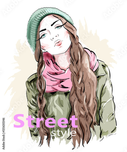 Fashion girl wearing modern knit cap and jacket. Street style clothes. Sketch woman.