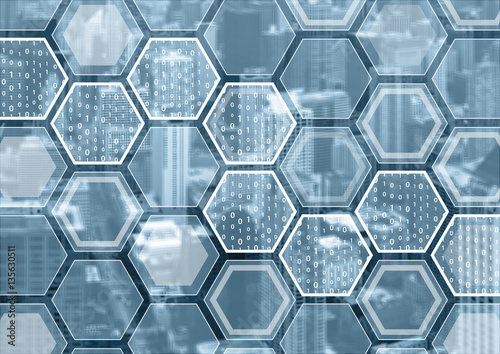 Blockchain or digitization blue and grey background with hexagonal shaped pattern