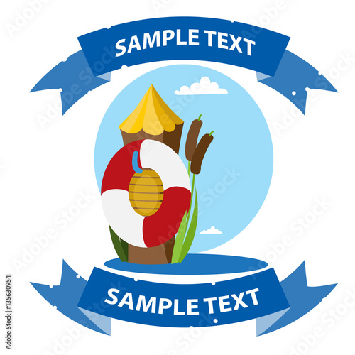 Log and a life buoy in the water. Cartoon drawing for gaming mobile applications.