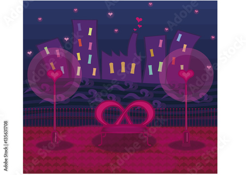 Romantic night quay with benches and lanterns on a background of the river and the city