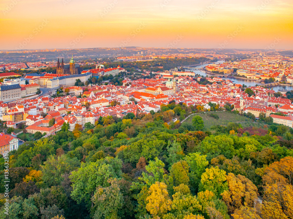 Prague city panorama with castle, Lesser Town and Vltava River. Shot from Petrin lookout tower, Czech Republic, Europe.