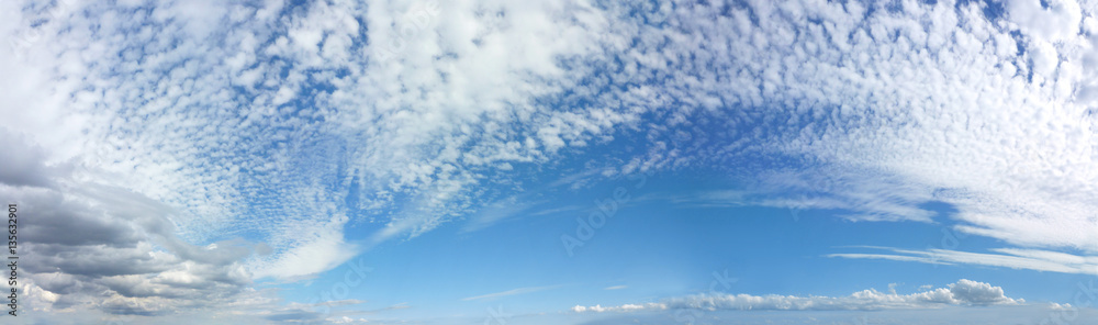 Panoramic Romantic Mackerel Blue Sky Cloudscape - Wide blue sky banner with mackerel different fluffy clouds
