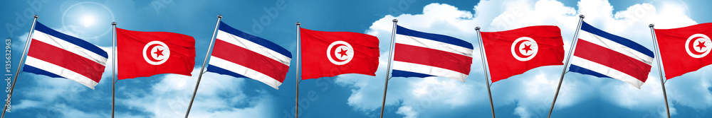 Costa Rica flag with Tunisia flag, 3D rendering Costa Rica flag with Tunisia flag, 3D rendering