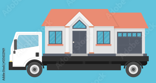 Delivery truck transporting a house. Moving company concept. Flat style